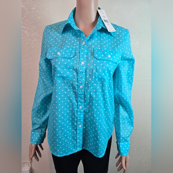 New Ralph Lauren Shirt Womens Mp Blue Polka Dot Button Up Long Sleeve Top - Picture 1 of 10